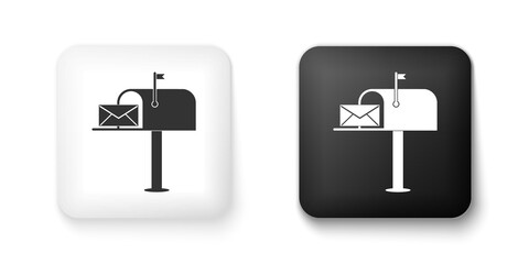 Black and white Open mail box with an envelope icon isolated on white background. Square button. Vector.