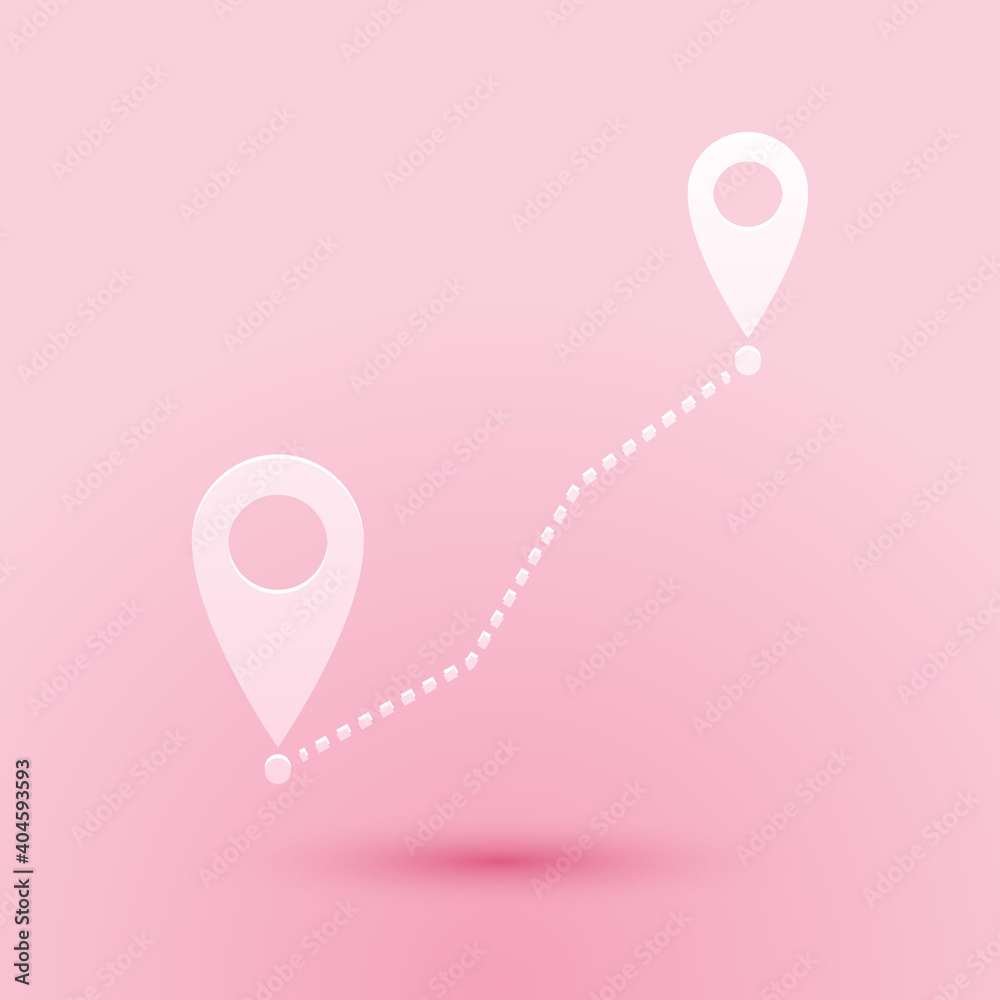 Poster paper cut route location icon isolated on pink background. map pointer sign. concept of path or road