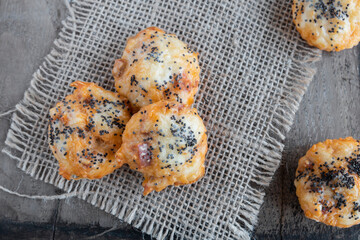 Chorizo bouchee with emmental cheese and poppy seeds