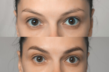 Young woman before and after eyebrow painting, eyes closeup view. Modern trendy styling,...