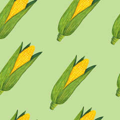 Gold corn in the husk geometric seamless pattern on green background. Nice maize watercolor illustration for cover, fabric, textile, t-shirt design, poster, wrapping, harvest festival, thanksgiving