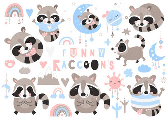 Vector set of funny raccoons, boho elements – rainbows, dream catcher, moon, planet, stars. Kids illustrations isolate on white background. Cute collection for nursery design.