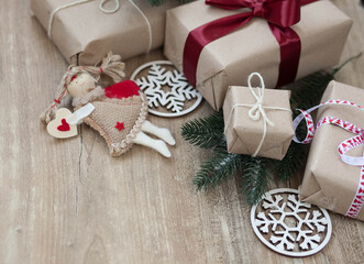
Festive background. Gift boxes with ribbons . Love consept.