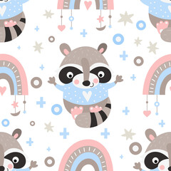 Seamless pattern with hand drawn boho baby raccoon, rainbow in bohemian style. Vector kids illustration for nursery design. Racoon boho fabric for baby clothes, wrapping paper.