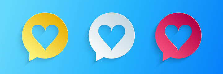 Paper cut Heart in speech bubble icon isolated on blue background. Heart shape in message bubble. Love sign. Valentines day symbol. Paper art style. Vector.