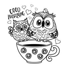 Two owls on a cup of coffee. Funny character. Vector illustration