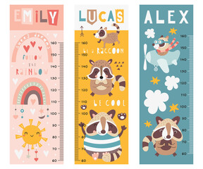 Kids height chart with funny raccoons in boho cartoon style. Vector Illustration. Childish meter wall for nursery design with cute raccoon. Great for girl and boy.