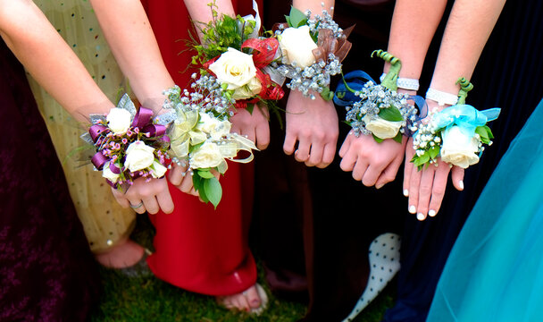 Girls Holding Arms Out with Corsage Flowers for Prom High School Dance Romance