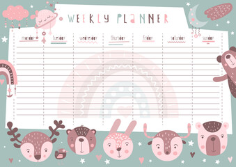 Weekly planner with forest animals in boho style. Kids schedule design template. Vector illustration.