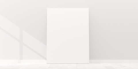 Empty picture frame canvas mock-up leaning against white wall in room with white wooden floor and window shadow with copy space - portfolio, gallery or artwork template mock up - obrazy, fototapety, plakaty