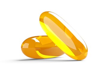 Two omega 3 fish oil capsules over white background