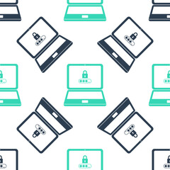 Green Laptop with password notification and lock icon isolated seamless pattern on white background. Concept of security, personal access, user authorization, login form. Vector.