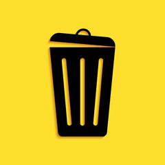 Black Trash can icon isolated on yellow background. Garbage bin sign. Recycle basket icon. Office trash icon. Long shadow style. Vector.