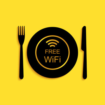 Black Restaurant Free Wi-Fi zone icon isolated on yellow background. Plate, fork and knife sign. Long shadow style. Vector.