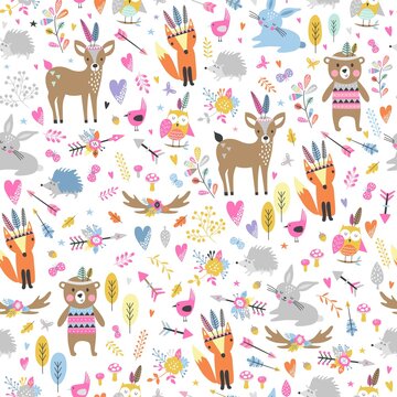 Seamless pattern with cute tribal animals in cartoon style. Forest friends illustration, bear, deer, fox, rabbit, bird, hedgehog, squirrel, owl. Creative Scandinavian kids texture for fabric, wrapping