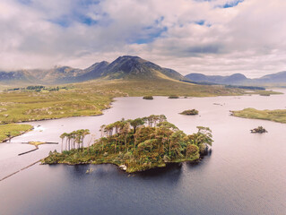 Aerial view on Twelve pine island in county Galway, Ireland, Warm sunny day. Toned. Nobody, Cloudy...