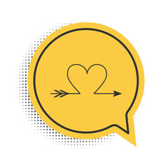 Black Cupid arrow heart, Valentines Day cards icon isolated on white background. Yellow speech bubble symbol. Vector.