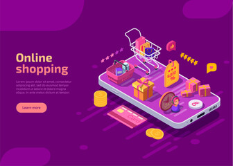 Online shopping isometric landing page template, web banner on purple background. Supermarket cart with purchases, boxes, gifts and basket on screen of mobile device. E-commerce store concept.
