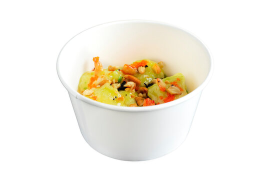 Shrimps In Sweet Wasabi Mayo Sauce. Vasabi Prawns In Green Spicy Dish. Asian China Or Thai Crunch Seafood, Front View, Isolated On White.