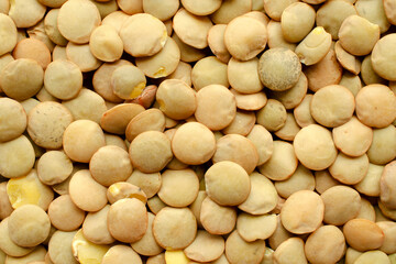 Background from green grains of lentils, top view. Lentil grains texture. Lentils - background, texture. Macro shot of lentil seeds, top view.
