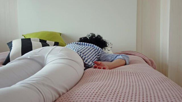 Overdose pills and addict. Young people taking medicine overdose and lying on the bed