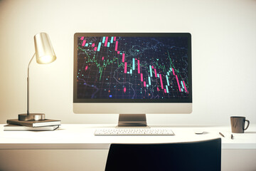Modern computer monitor with creative abstract global crisis chart with world map hologram. Financial crisis and recession concept. 3D Rendering