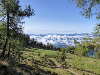 A panoramic view on the Alpine valley from the top of Granattor in Austrian Alps. The valley is...