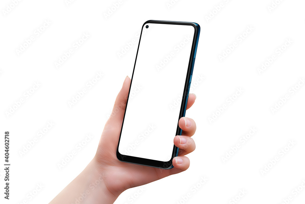 Poster Isolated smart phone in woman hand. Right side position. Modern smart phone with round edges and camera built into the display. Soft retouched hand