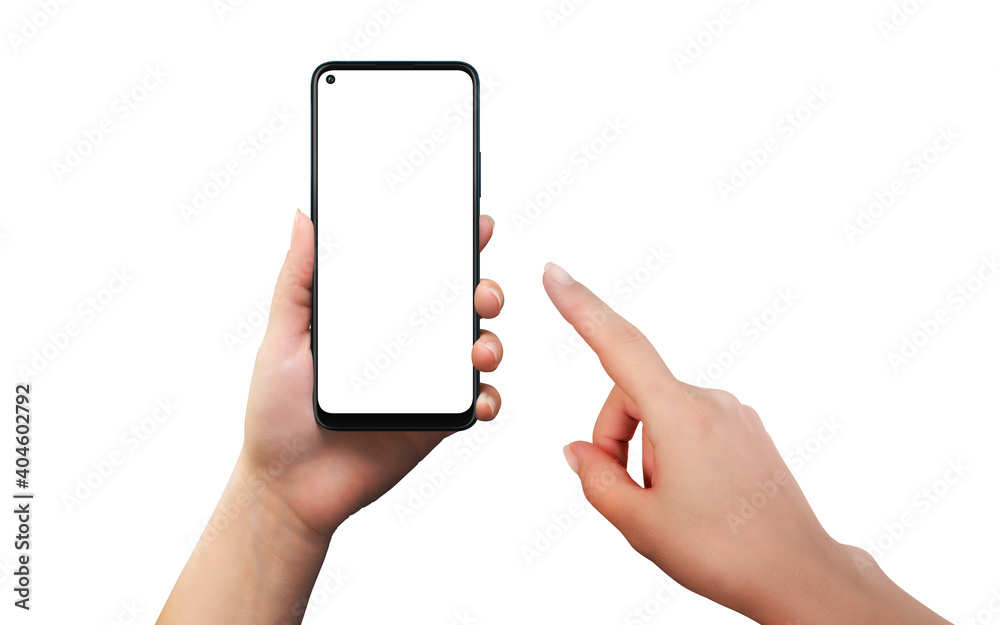 Poster isolated phone, woman holding and touch hand. modern smart phone with round edges. isolated screen f