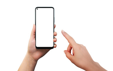 Isolated phone, woman holding and touch hand. Modern smart phone with round edges. Isolated screen for app presentation
