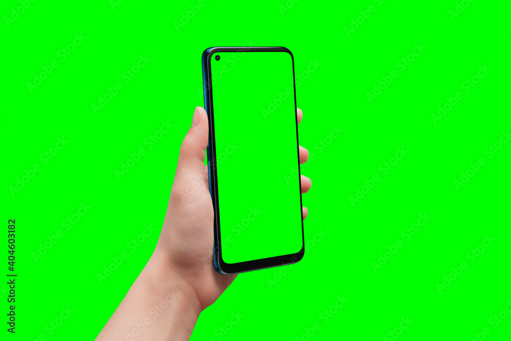 Leinwandbilder phone in man hand with isolated background and display for app design presentation. isolated in chro
