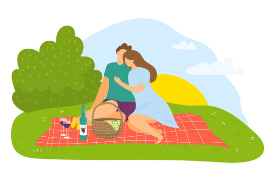 Lovely couple sitting outdoor natural garden place, family romantic picnic date flat vector illustration, isolated on white. Woman and male relax green meadow on blanket, wine bottle glass.