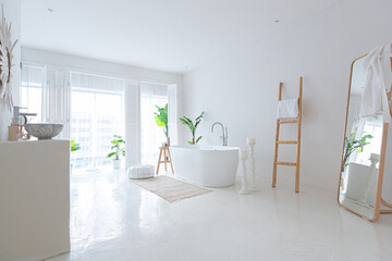 Extra white and very light minimalistic stylish elegant interior of bathroom with modern bath, green plants and wooden elements