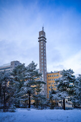 Stockholm, Sweden  The Telefonplan tower in a winter landscape.