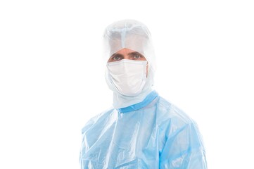 Slow spread of coronavirus infection. Doctor wear medical mask and hooded gown. Infection prevention and control. COVID-19 protection. Using personal protective equipment. Disease outbreak