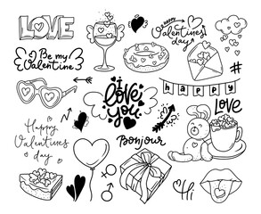 Happy Valentine s day dooddle art collection of lettering, speech bubbles, hearts