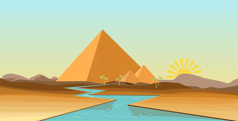 ancient Egypt desert with pyramid and Nile