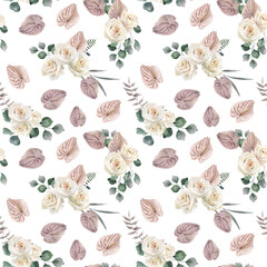 Watercolor seamless pattern with rose flower and anthurium on white background.