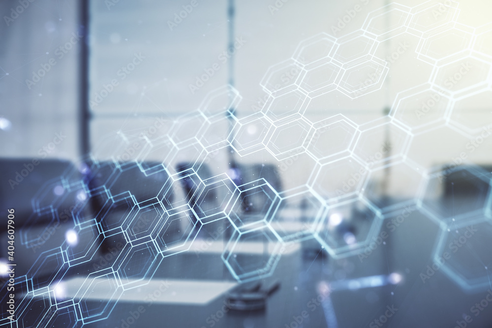 Aufkleber abstract virtual technology sketch with hexagon grid on a modern boardroom background, future techno