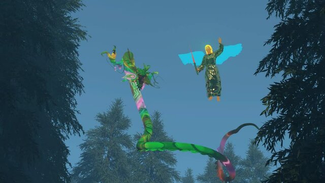 The dragon belial and the angel Michael turning towards the camera, 3d scene