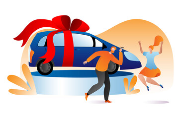 Lovely family celebrate win lottery vehicle, male character hold car key, female happy jumping flat vector illustration, isolated on white. Passenger transport tied gift red ribbon, cheerful people.