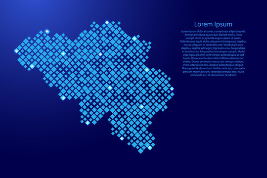 Belgium map from blue pattern rhombuses of different sizes and glowing space stars grid. Vector illustration.
