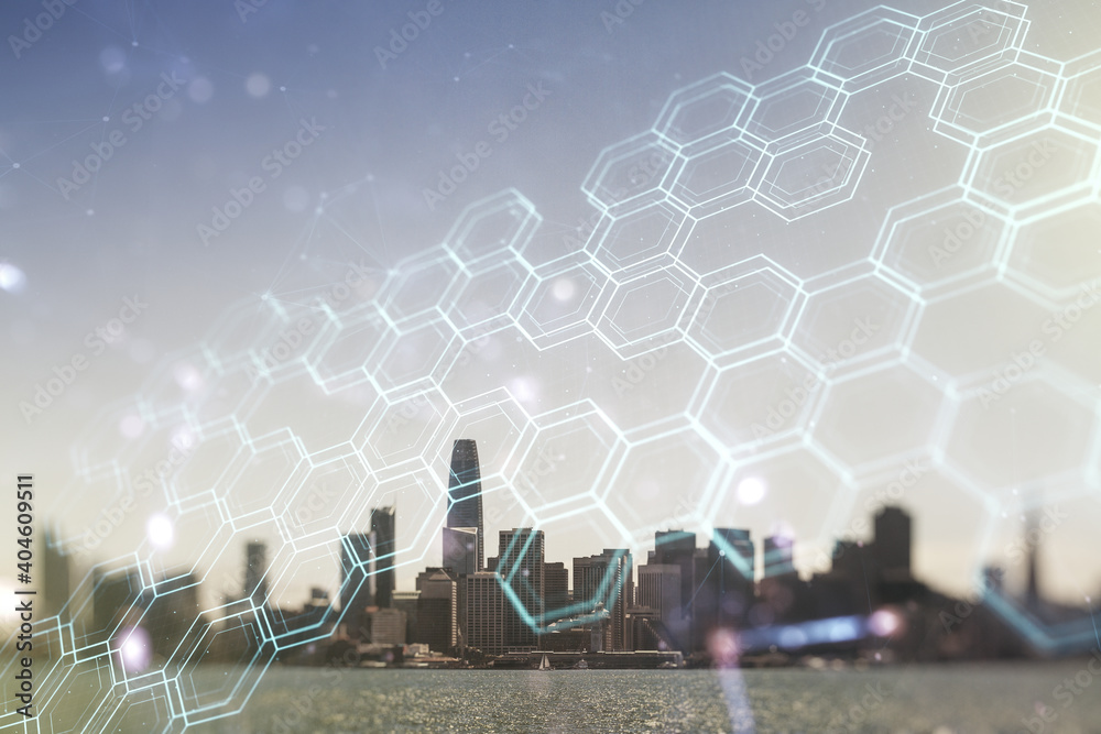 Poster abstract virtual wireless technology hologram with hexagon on san francisco skyline background. big 