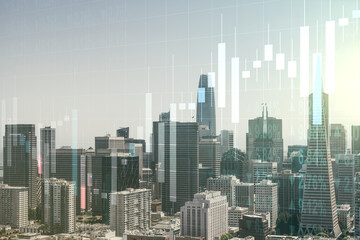 Fototapeta na wymiar Abstract virtual financial graph hologram on San Francisco cityscape background, financial and trading concept. Multiexposure