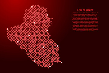 Iraq map from red pattern rhombuses of different sizes and glowing space stars grid. Vector illustration.