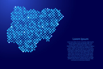 Nigeria map from blue pattern rhombuses of different sizes and glowing space stars grid. Vector illustration.