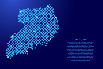 Uganda map from blue pattern rhombuses of different sizes and glowing space stars grid. Vector illustration.
