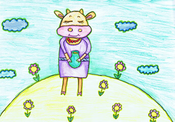 A cow with a covered milk stands in a flower meadow. Children's drawing