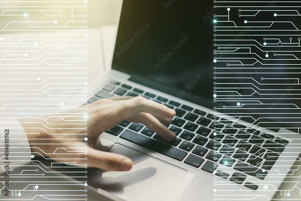 Poster creative abstract micro circuit sketch and hands typing on computer keyboard on background, future t