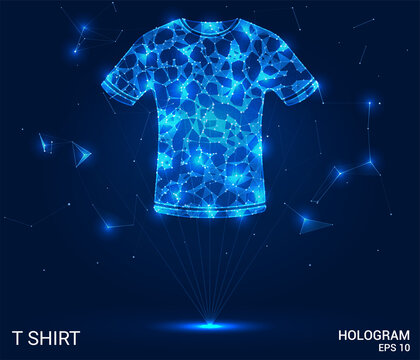 Hologram T-shirt. Men's T-shirt made of polygons, triangles of dots and lines. Clothing is a low poly compound structure. The technology concept.